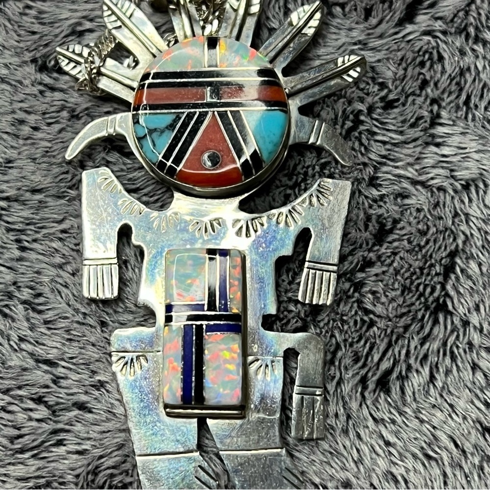 Native American Navajo Turquoise Coral Opal Sterling Silver Kachina Pendant - Picture 2 of 8